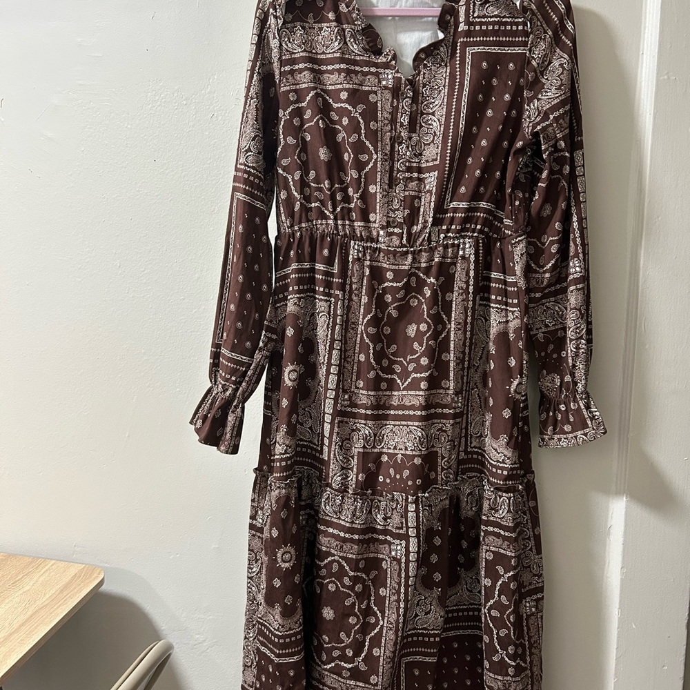 Brown and White Smocked Long Sleeve Sundress